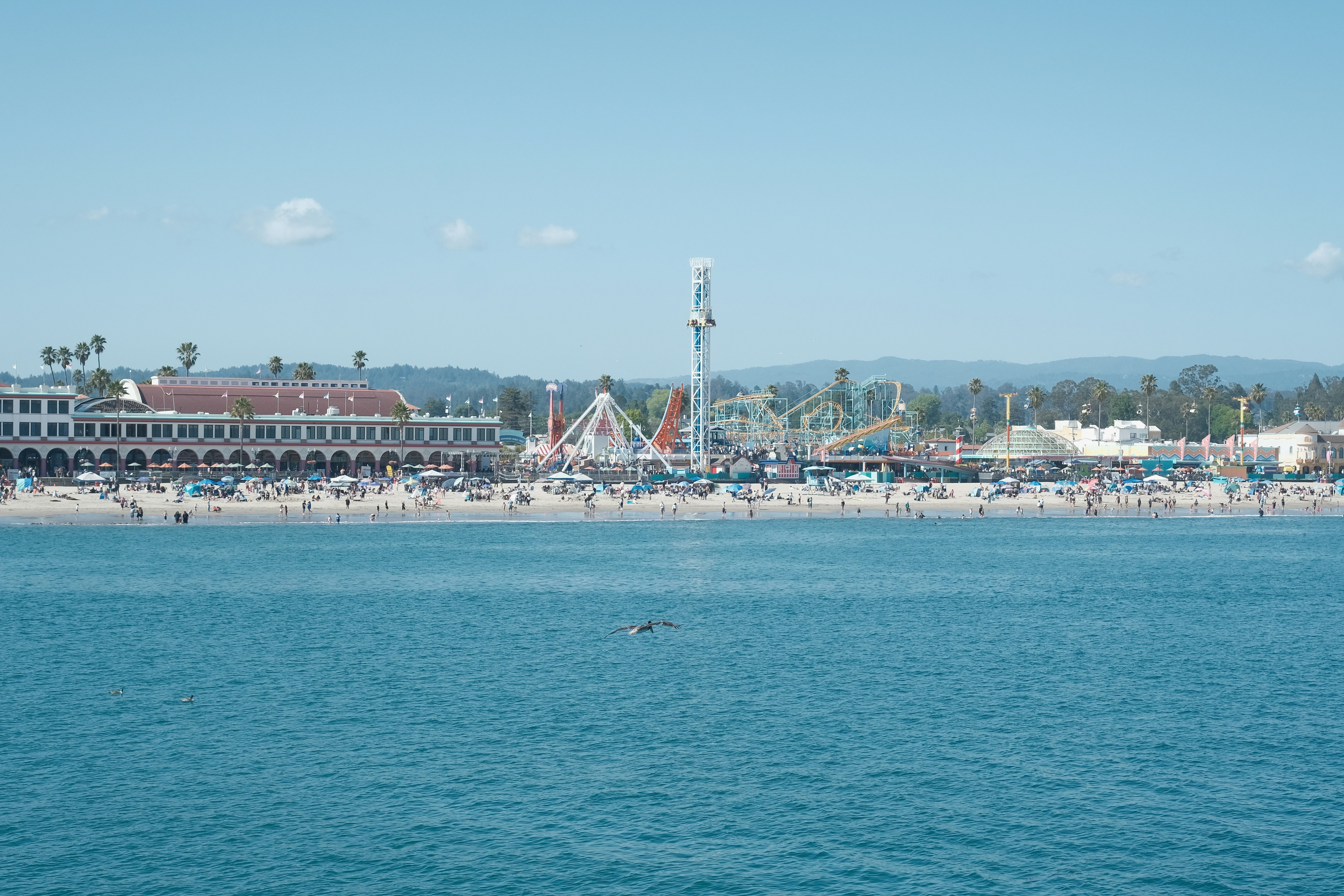 The Santa Cruz Beach Boardwalk seen from the wharf: the Giant Dipper, a crowded beach, and blue water